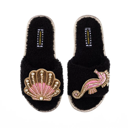 Teddy Towelling Slipper Sliders With Pink & Gold Seahorse & Shell Brooches - Image 3
