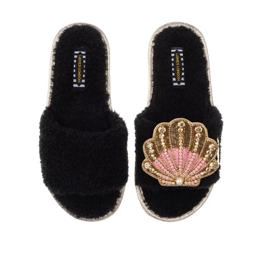 Teddy Towelling Slipper Sliders With Pink & Gold Shell Brooch