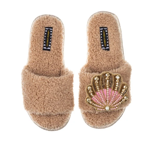 Teddy Towelling Slipper Sliders With Pink & Gold Shell Brooch - Image 2