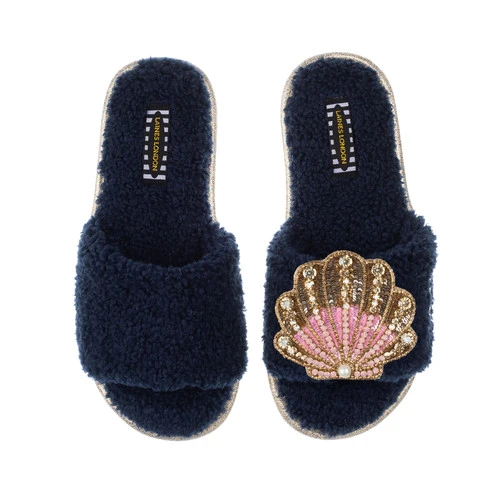 Teddy Towelling Slipper Sliders With Pink & Gold Shell Brooch - Image 3