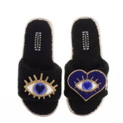 Teddy Towelling Slipper Sliders With Double Blue Eyes Brooches