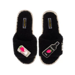 Teddy Towelling Slipper Sliders With Tequila Strawberry Brooches