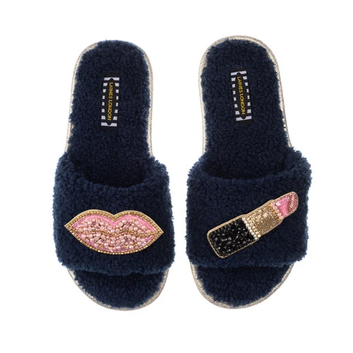 Teddy Towelling Slipper Sliders With Pink Pucker Up Brooches - Image 2