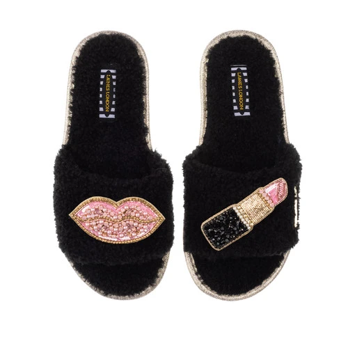 Teddy Towelling Slipper Sliders With Pink Pucker Up Brooches - Image 3
