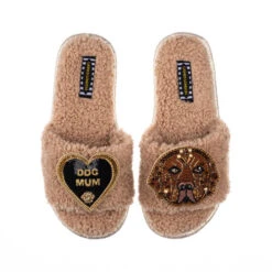 Teddy Towelling Slipper Sliders With Rocco The Chocolate Lab & Dog Mum Brooches