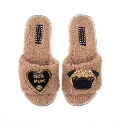 Teddy Towelling Slipper Sliders With Franki & Dog Mum Brooches