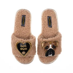 Teddy Towelling Slipper Sliders With Pip & Dog Mum Brooches