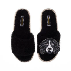Teddy Towelling Slipper Sliders With Bentley The Black & White Spaniel Brooch