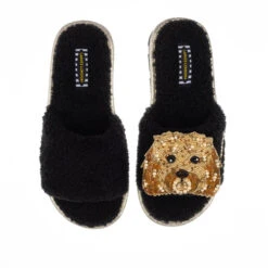 Teddy Towelling Slipper Sliders With Enki Doo The Cockapoo Brooch