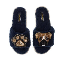 Teddy Towelling Slipper Sliders With Pip & Paw Brooches