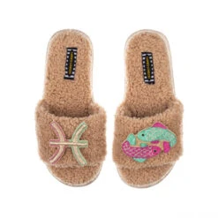 Teddy Towelling Slipper Sliders With Pisces Star Sign Brooches