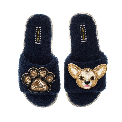 Teddy Towelling Slipper Sliders With Princess & Paw Brooches