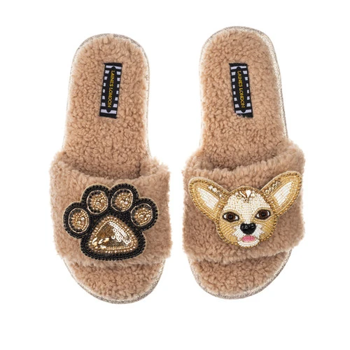 Teddy Towelling Slipper Sliders With Princess & Paw Brooches - Image 2