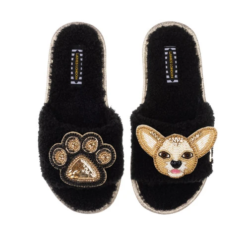 Teddy Towelling Slipper Sliders With Princess & Paw Brooches - Image 3