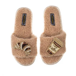 Teddy Towelling Slipper Sliders With Coffee & Croissant Brooches