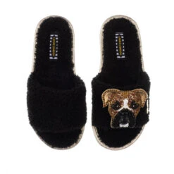 Teddy Towelling Slipper Sliders With Pip The Boxer Brooch