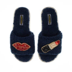 Teddy Towelling Slipper Sliders With Red Pucker Up Brooches