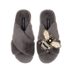 Classic Laines Slippers With Cream & Gold Bee Brooch