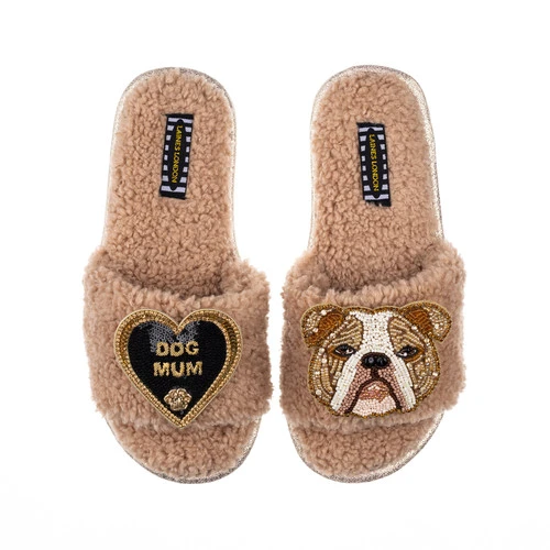 Teddy Towelling Slipper Sliders With Mr Beefy & Dog Mum Brooches