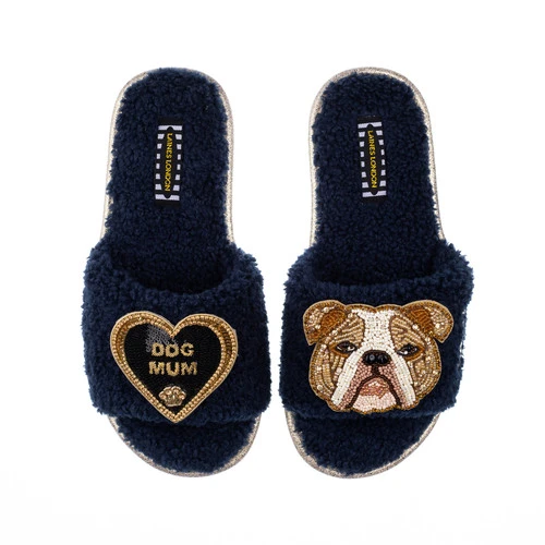 Teddy Towelling Slipper Sliders With Mr Beefy & Dog Mum Brooches - Image 2