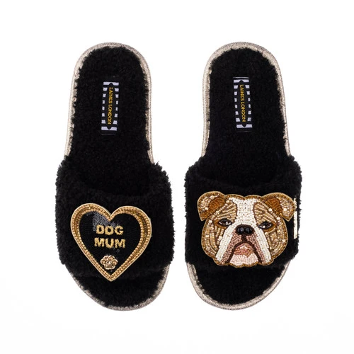 Teddy Towelling Slipper Sliders With Mr Beefy & Dog Mum Brooches - Image 3