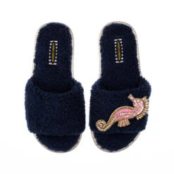 Teddy Towelling Slipper Sliders With Pink & Gold Seahorse Brooch
