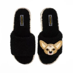 Teddy Towelling Slipper Sliders With Princess The Chihuahua Brooch