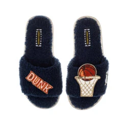 Teddy Towelling Slipper Sliders With Slam Dunk Basketball Brooches