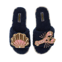 Teddy Towelling Slipper Sliders With Pink & Gold Lobster & Shell Brooches