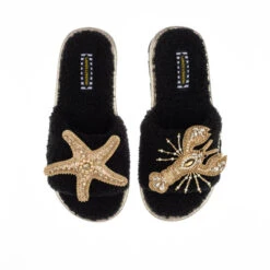 Teddy Towelling Slipper Sliders With Gold Lobster & Starfish Brooches