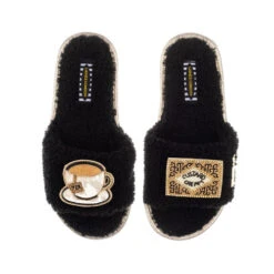 Teddy Towelling Slipper Sliders With Tea & Biscuit Brooches