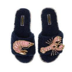 Teddy Towelling Slipper Sliders With Pink & Gold Prawn & Lobster Brooches
