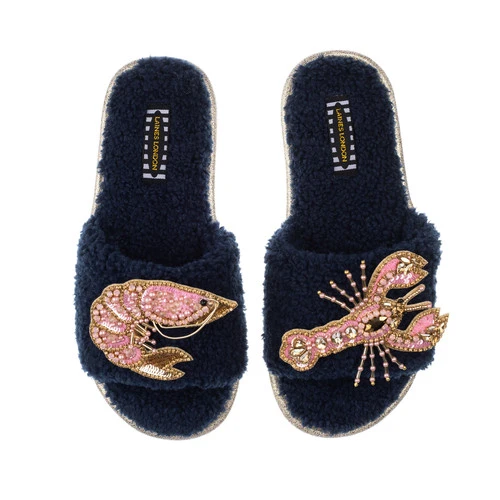 Teddy Towelling Slipper Sliders With Pink & Gold Prawn & Lobster Brooches