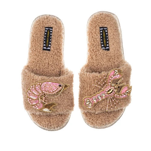Teddy Towelling Slipper Sliders With Pink & Gold Prawn & Lobster Brooches - Image 2