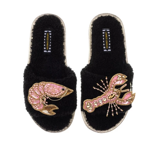 Teddy Towelling Slipper Sliders With Pink & Gold Prawn & Lobster Brooches - Image 3