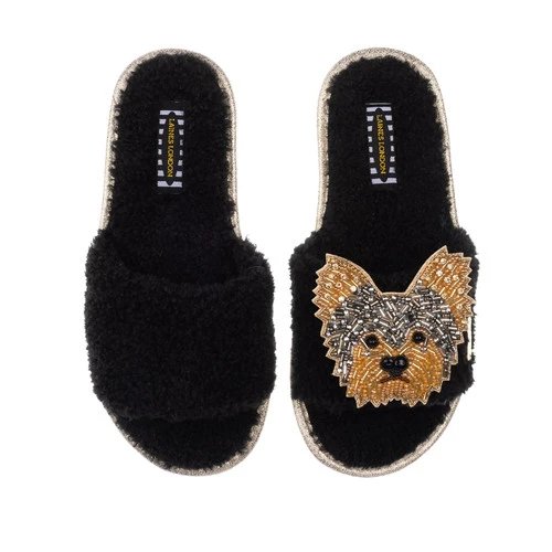 Teddy Towelling Slipper Sliders With Minnie The Yorkie Brooch
