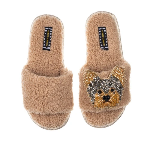 Teddy Towelling Slipper Sliders With Minnie The Yorkie Brooch - Image 2