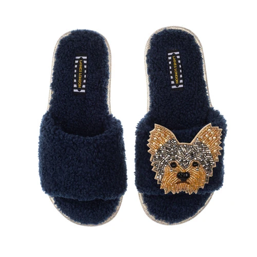 Teddy Towelling Slipper Sliders With Minnie The Yorkie Brooch - Image 3