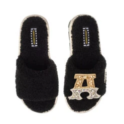 Teddy Towelling Slipper Sliders With Gold & Silver Initial Brooch