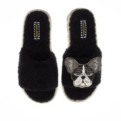 Teddy Towelling Slipper Sliders With Coco The Frenchie Brooch