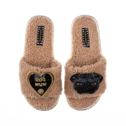 Teddy Towelling Slipper Sliders With Snoopy & Dog Mum Brooches