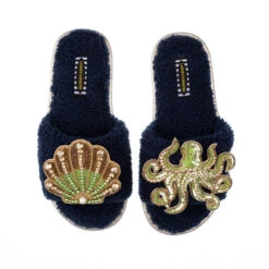 Teddy Towelling Slipper Sliders With Green & Gold Octopus & Shell Brooches