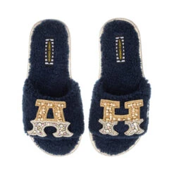 Teddy Towelling Slipper Sliders With Double Gold & Silver Initial Brooches