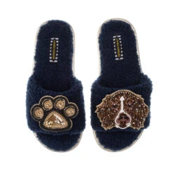 Teddy Towelling Slipper Sliders With Duke & Paw Brooches