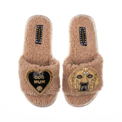 Teddy Towelling Slipper Sliders With Skip The Golden Lab & Dog Mum Brooches