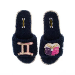 Teddy Towelling Slipper Sliders With Gemini Star Sign Brooches