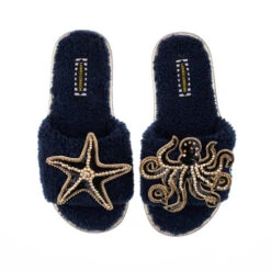Teddy Towelling Slipper Sliders With Black & Gold Octopus & Starfish Brooches