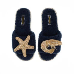 Teddy Towelling Slipper Sliders With Gold Prawn & Starfish Brooches