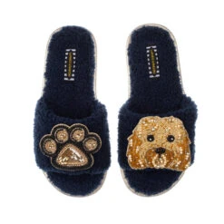 Teddy Towelling Slipper Sliders With Enki Doo & Paw Brooches