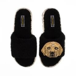 Teddy Towelling Slipper Sliders With Skip The Golden Lab Brooch